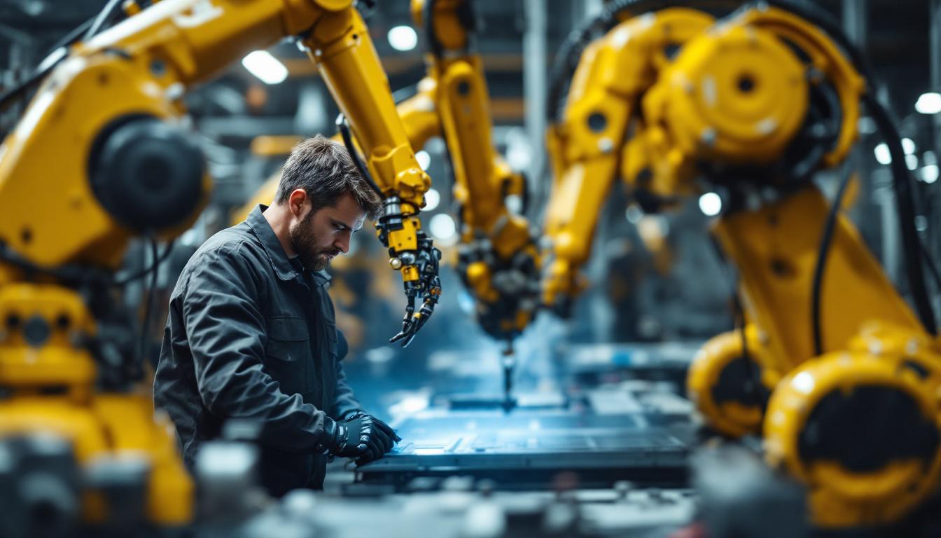 A photograph of a skilled mechanical engineer working alongside industrial robots in a modern manufacturing setting