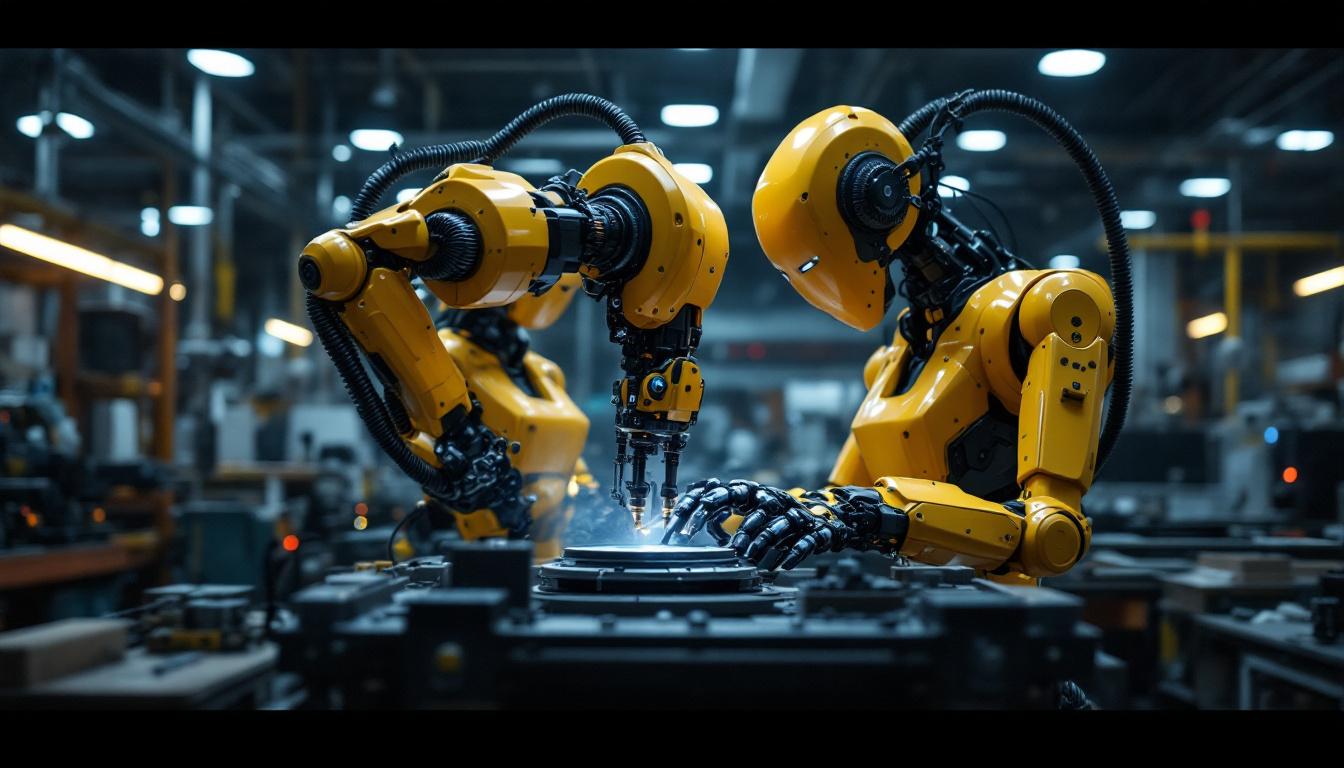 A photograph of a dynamic industrial robot in action within a manufacturing environment