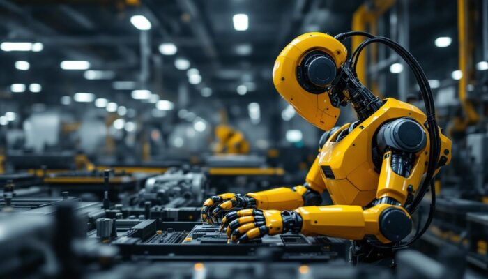 A photograph of a modern industrial robot in action on a factory floor