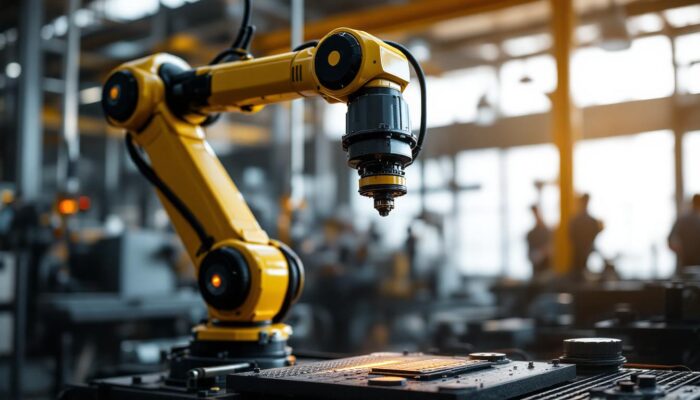 A photograph of a sleek industrial robotic arm in action within a modern manufacturing environment