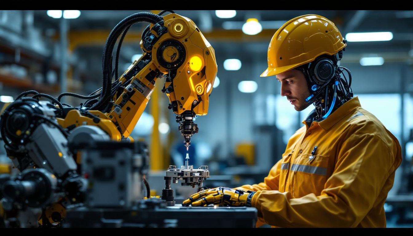 A photograph of a skilled technician working alongside a sophisticated industrial robot in a modern workshop