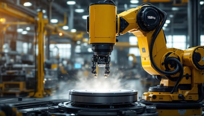 A photograph of a powerful industrial robot in action