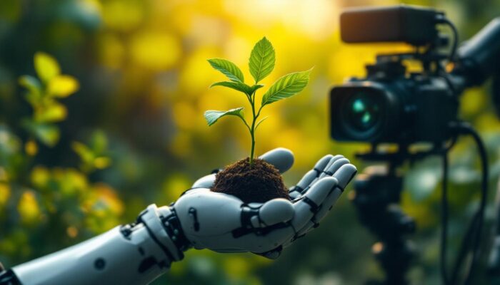 A photograph of a robotic arm gently holding a vibrant plant