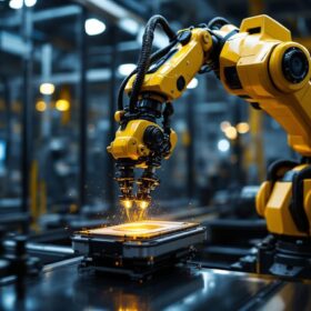 A photograph of a sleek industrial robotic arm in action