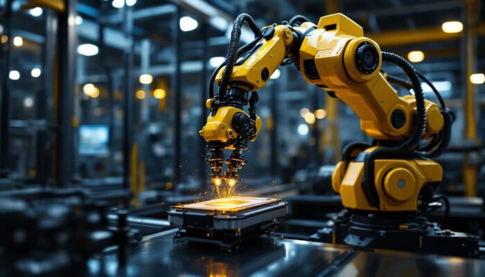 A photograph of a sleek industrial robotic arm in action