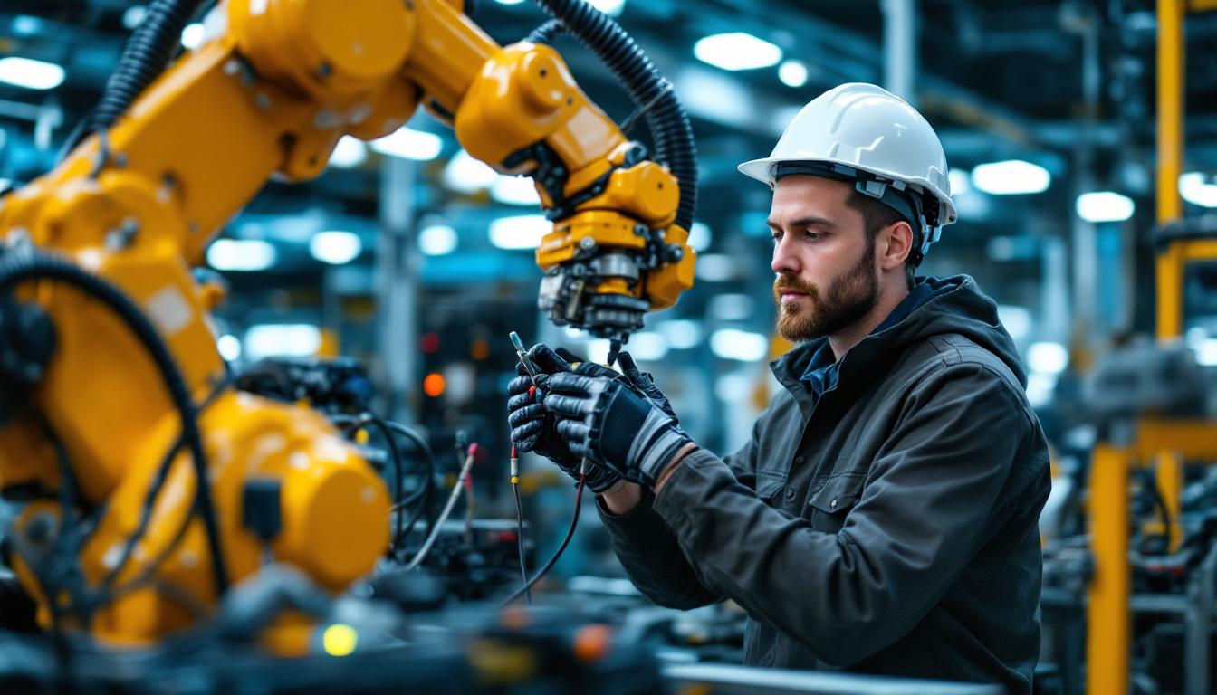 A photograph of a skilled electronic engineering technician working on an industrial robotic arm in a modern manufacturing environment