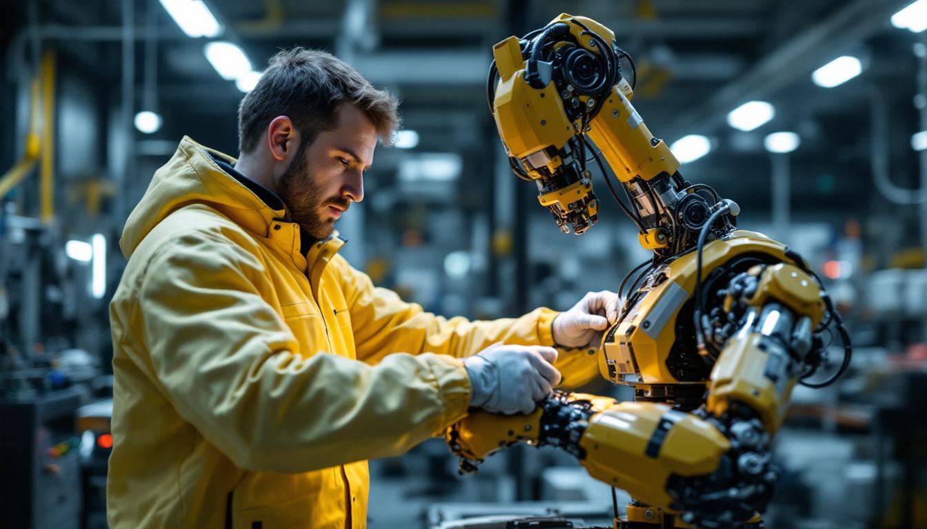 A photograph of a skilled technician working on an advanced bionic robotic arm in a modern industrial setting