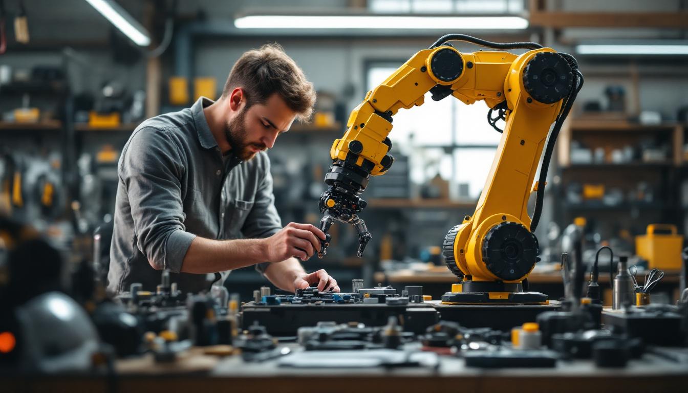 A photograph of a skilled hobbyist assembling a diy robotic arm in a well-lit workshop