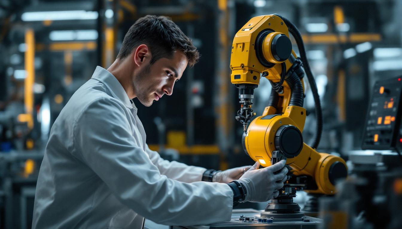 A photograph of a skilled technician operating an industrial robotic arm in a modern biomedical lab setting