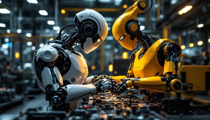 A photograph of a sleek industrial robot in action within a modern manufacturing environment