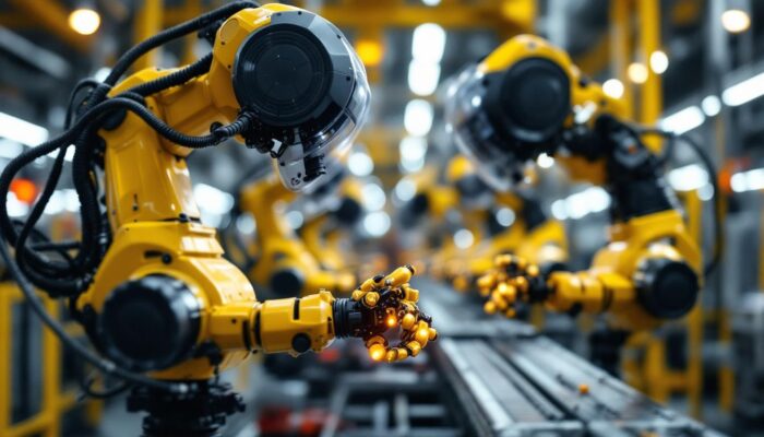 A photograph of capture a photograph of industrial robots in action on the assembly line at the new hyundai plant in georgia