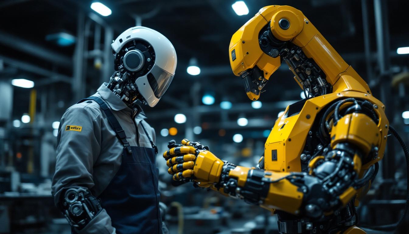 A photograph of a mechanical engineer working collaboratively with an industrial robot in a modern seattle manufacturing facility