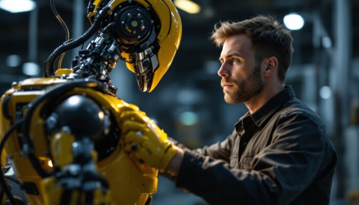 A photograph of a skilled technician inspecting a sophisticated industrial robot in a well-lit workshop