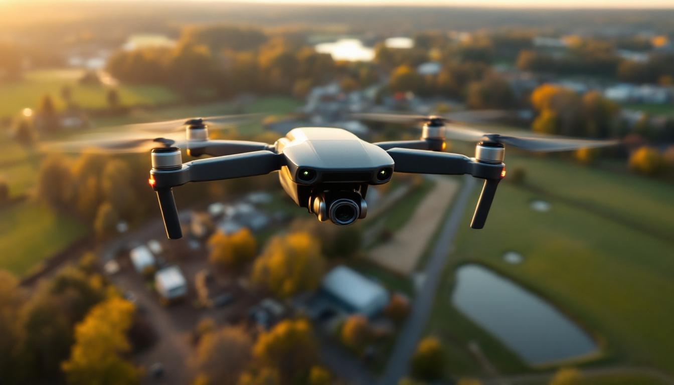 A photograph of a drone in action over a scenic massachusetts landscape