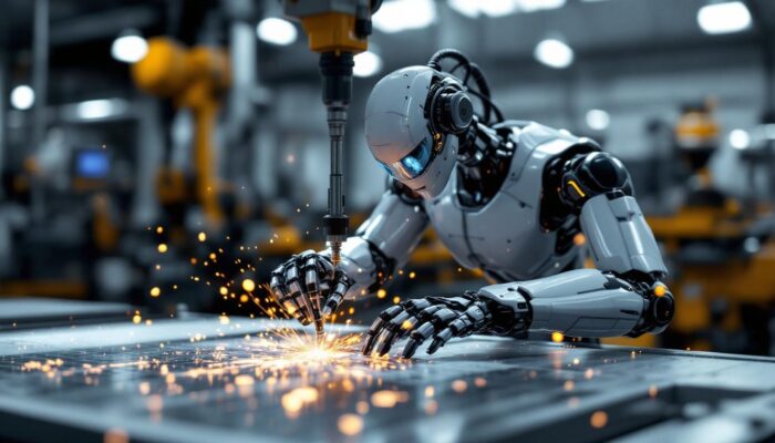 A photograph of a sleek industrial robot in action