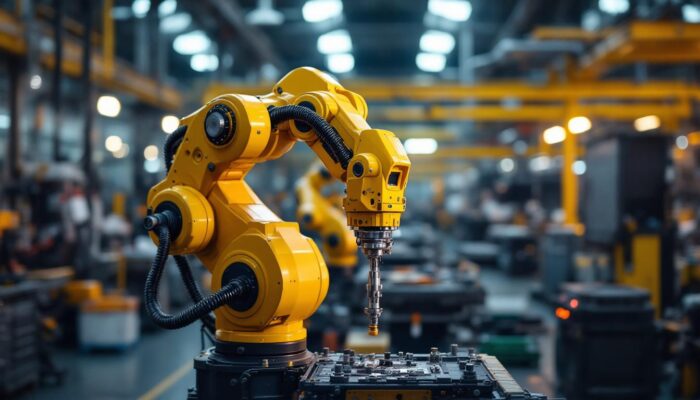 A photograph of capture a photograph of a dyna drive boss industrial robotic arm in action