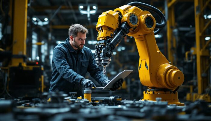 A photograph of a skilled technician examining a large industrial robotic arm
