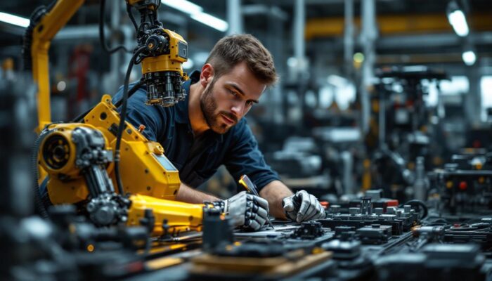 A photograph of a mechanical engineer working on an industrial robot