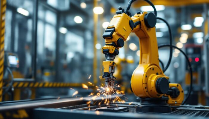 A photograph of a trimble industrial robot in action