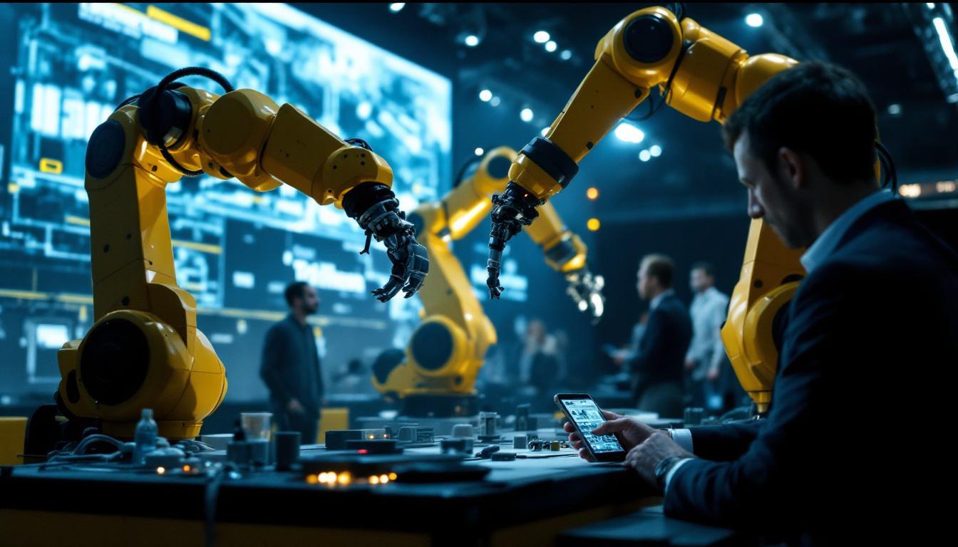 A photograph of a dynamic industrial robotics demonstration at trimble dimensions 2024