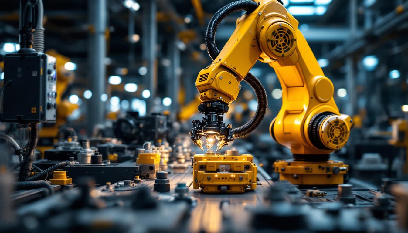 A photograph of a dynamic industrial robotic arm in action within a modern manufacturing setting