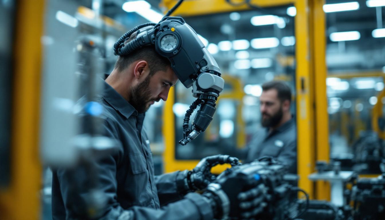A photograph of a skilled technician performing a detailed inspection of an industrial robot in a massachusetts manufacturing facility