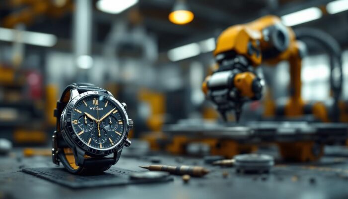 A photograph of a vintage american waltham watch alongside a modern industrial robotic arm in a well-lit workshop setting