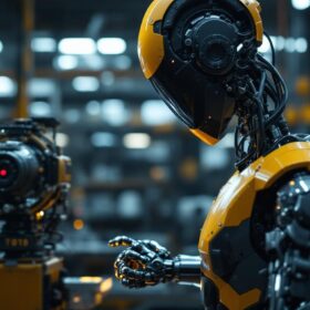 A photograph of a sleek industrial robot in action within a manufacturing environment