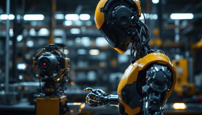 A photograph of a sleek industrial robot in action within a manufacturing environment