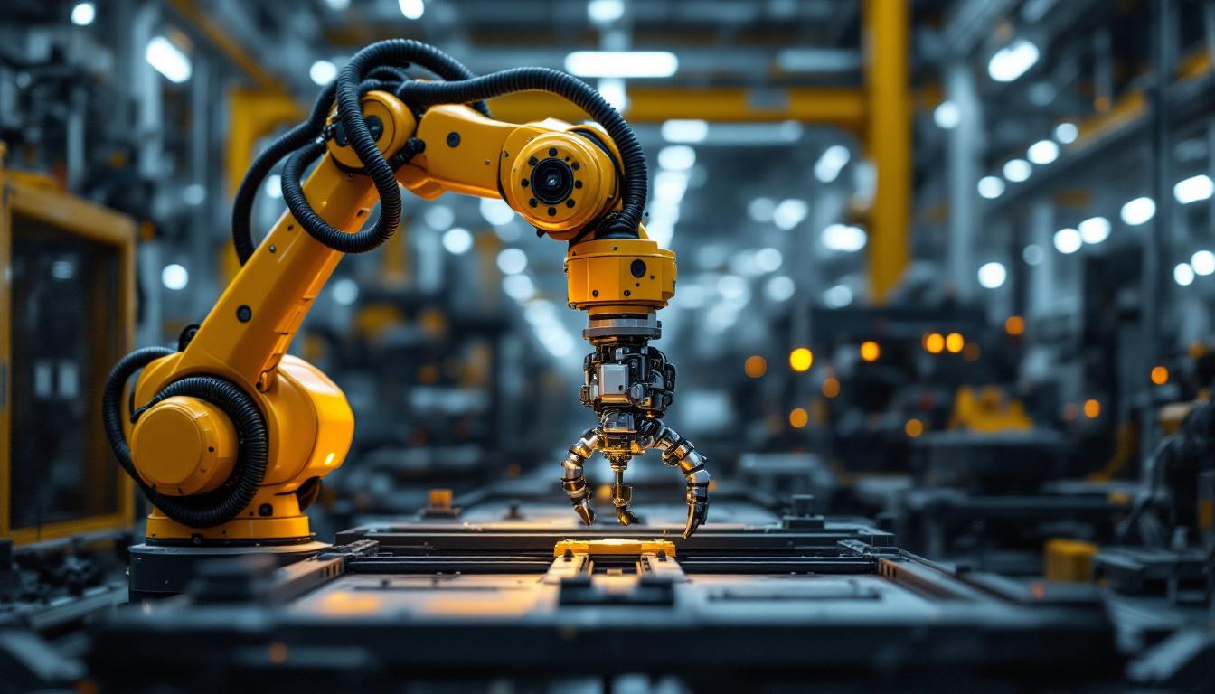 A photograph of a sleek industrial robotic arm in action within a modern manufacturing environment