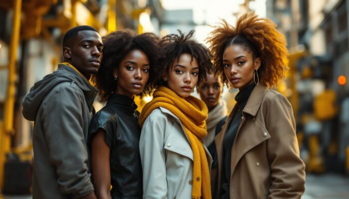 A photograph of a diverse group of models of varying heights posing together in a dynamic urban setting