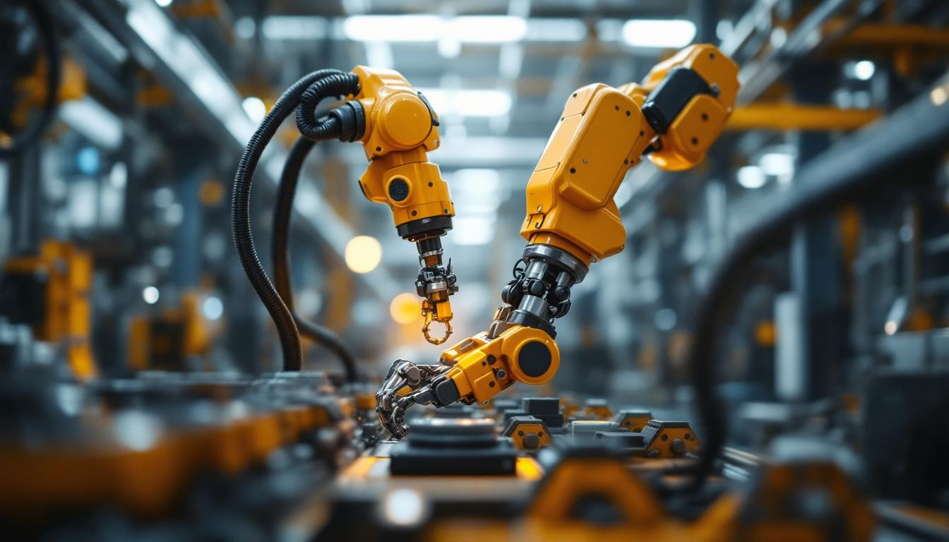 A photograph of a dynamic industrial setting featuring a robotic arm in action