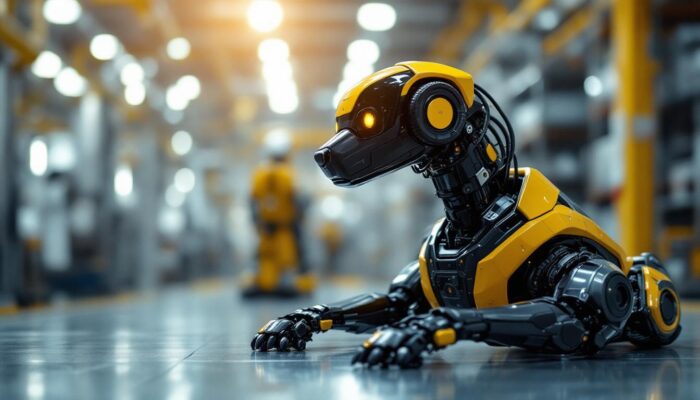 A photograph of a sleek industrial robotic dog in action within a modern manufacturing environment