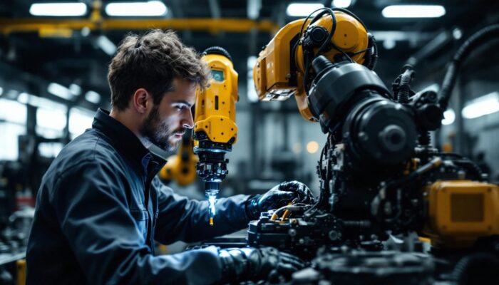 A photograph of a skilled technician working alongside an industrial robotic arm in a modern auto repair shop