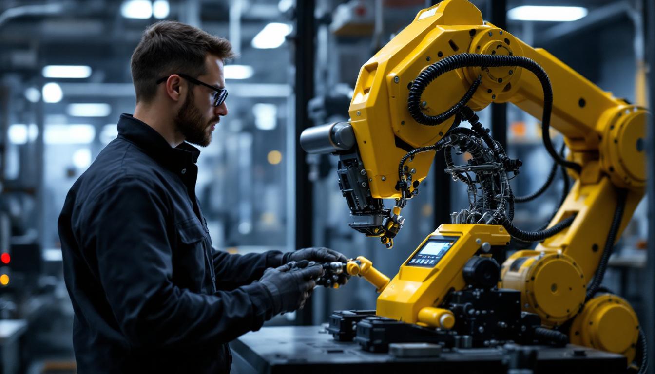 A photograph of a skilled technician programming or operating an industrial robot in a modern manufacturing setting