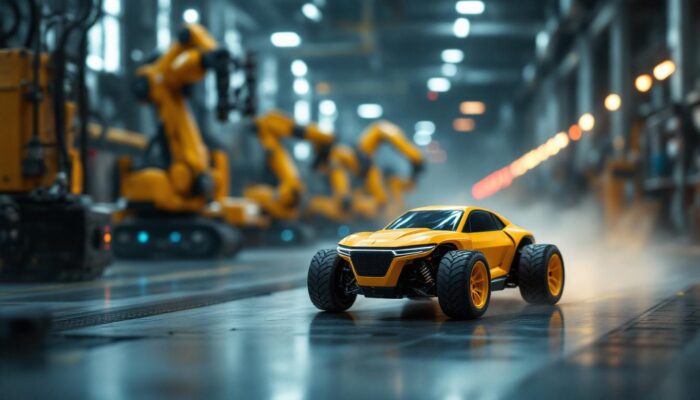 A photograph of a vibrant yellow remote-controlled car navigating through an industrial setting