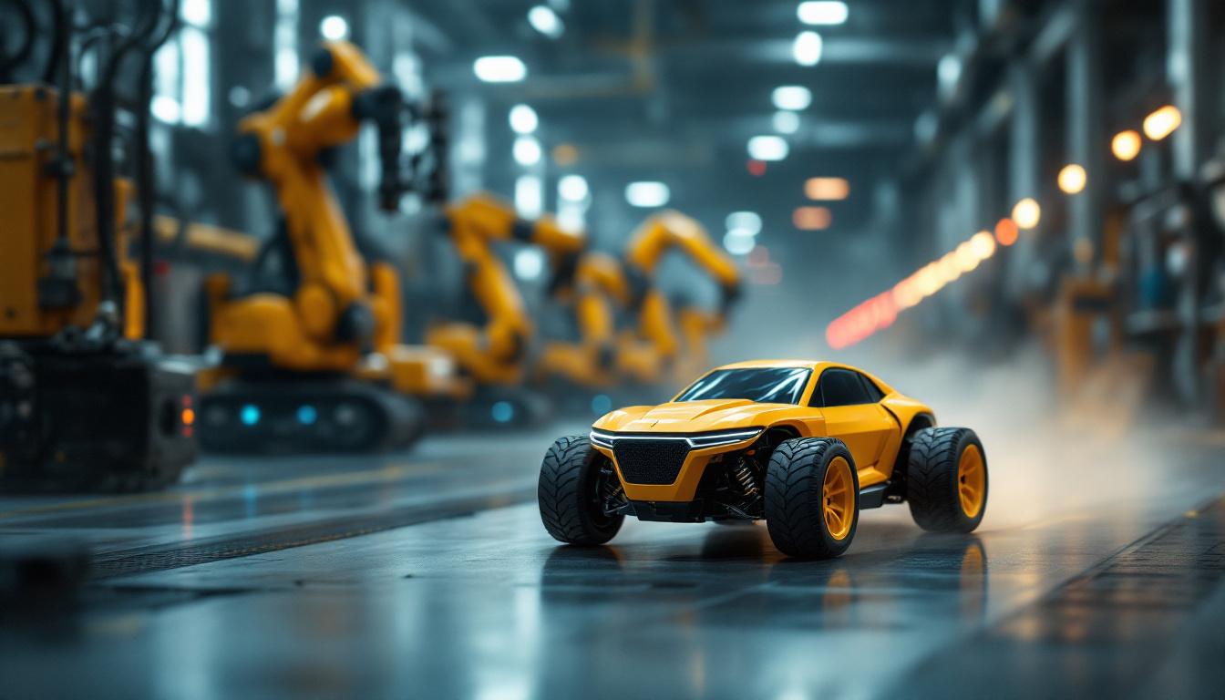 A photograph of a vibrant yellow remote-controlled car navigating through an industrial setting
