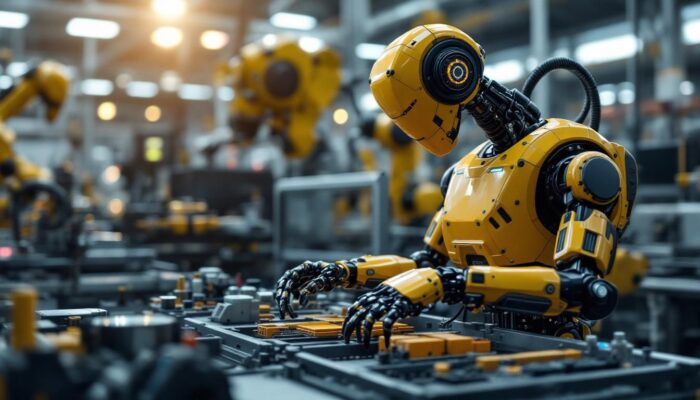 A photograph of a sleek industrial robot in action within a manufacturing environment