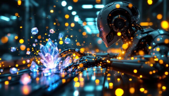 A photograph of a sleek industrial robot interacting with vibrant