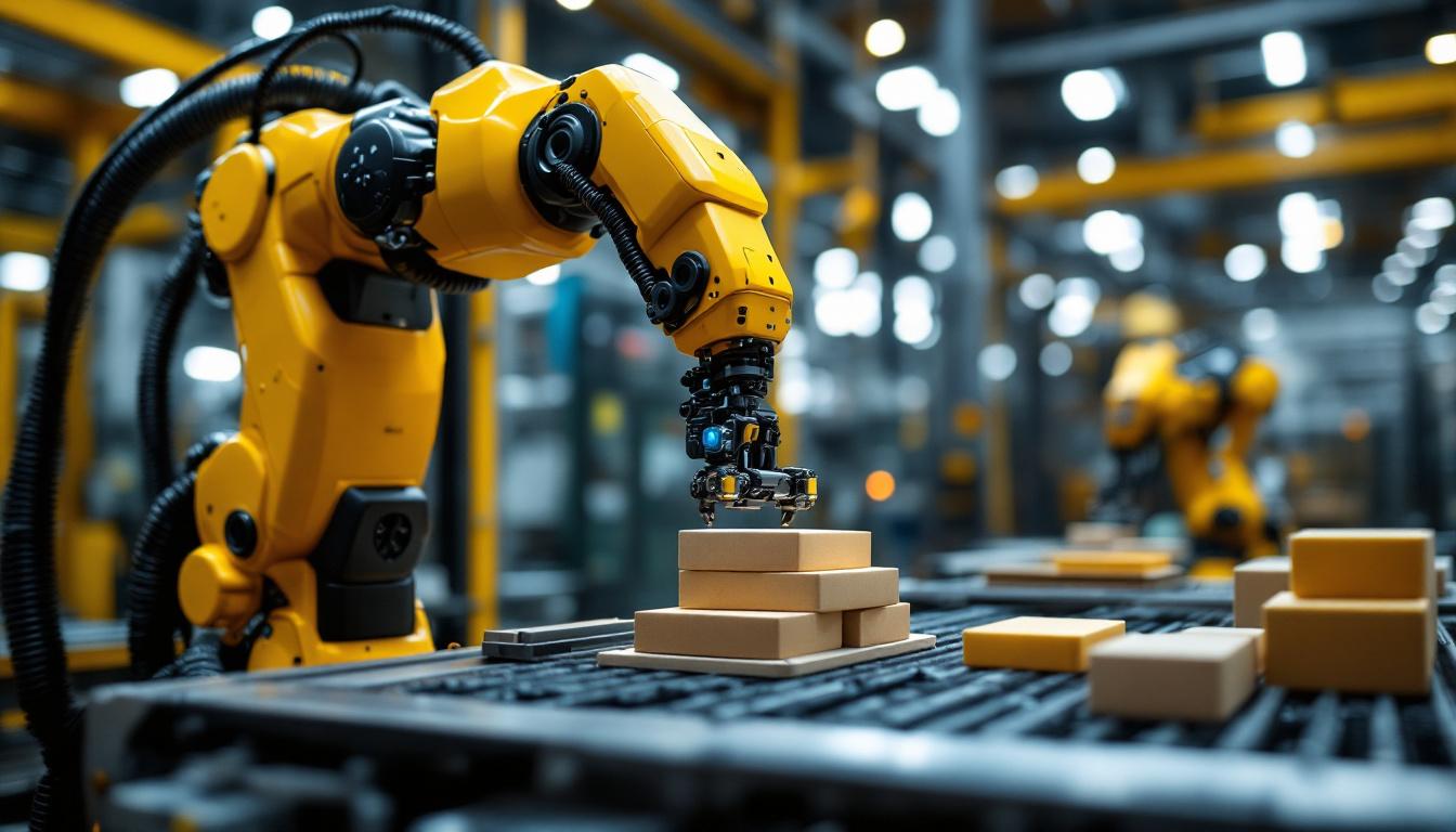 A photograph of a dynamic industrial robot in action