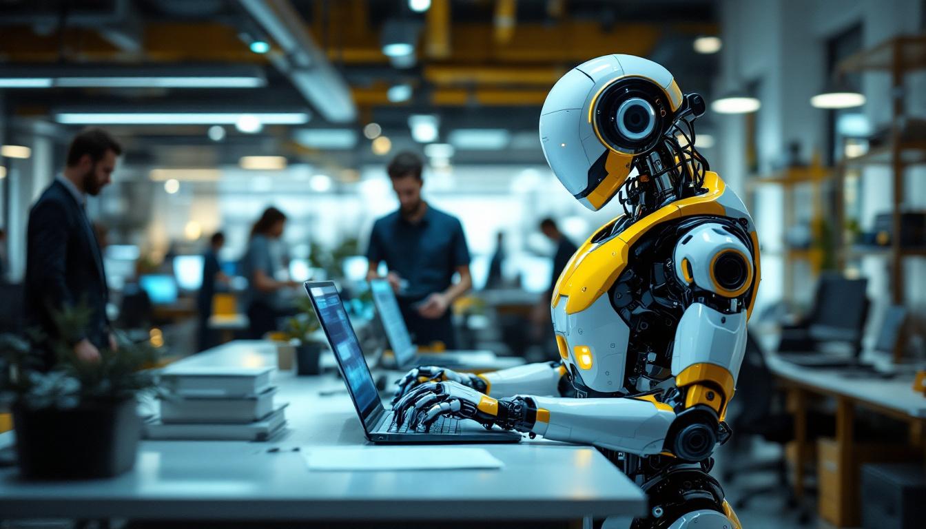 A photograph of a sleek industrial robot in action within a modern office environment