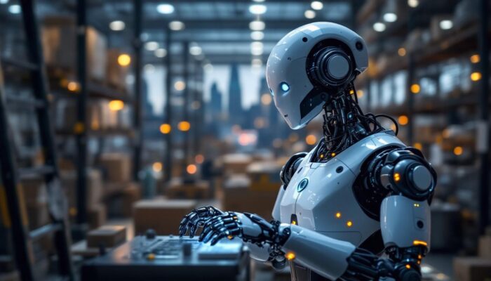 A photograph of a sleek industrial robot in action within a boston rental facility