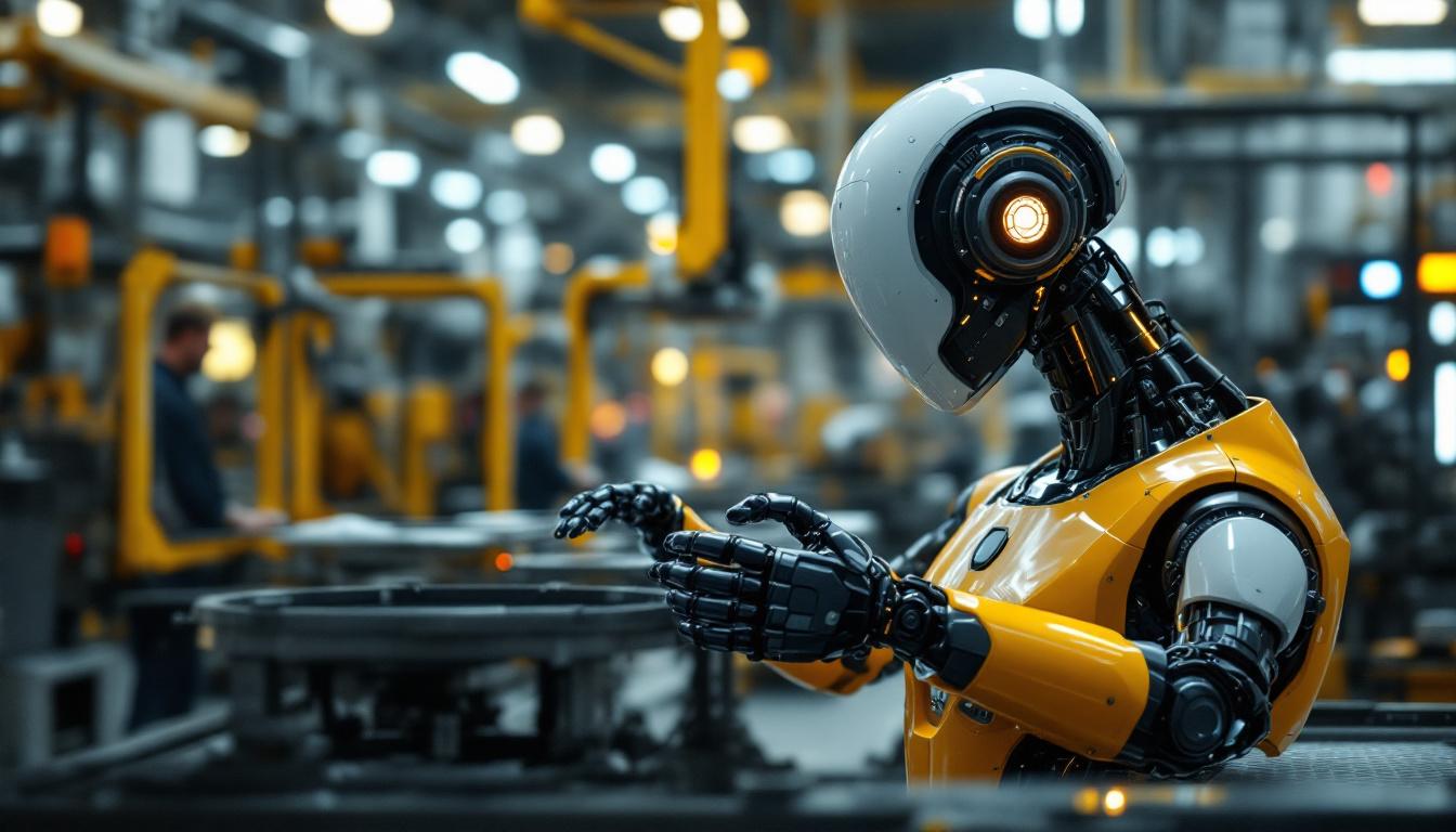 A photograph of a sleek industrial robot in action within a manufacturing environment