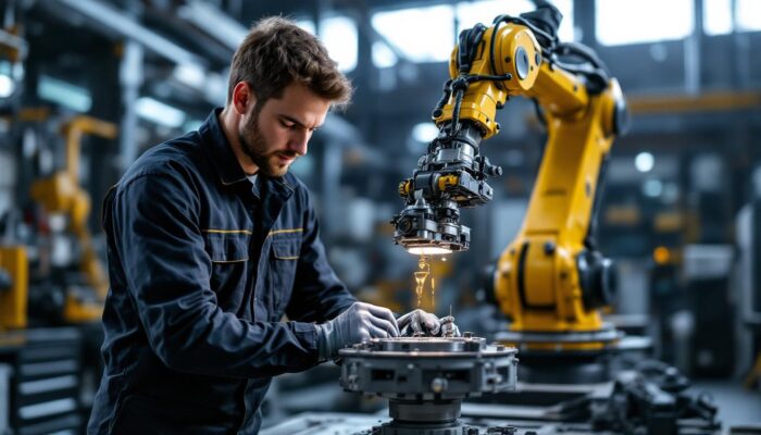 A photograph of a skilled mobile plant mechanic working on an industrial robotic arm in a dynamic workshop setting