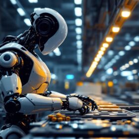 A photograph of a sleek industrial robot in action within a modern warehouse environment