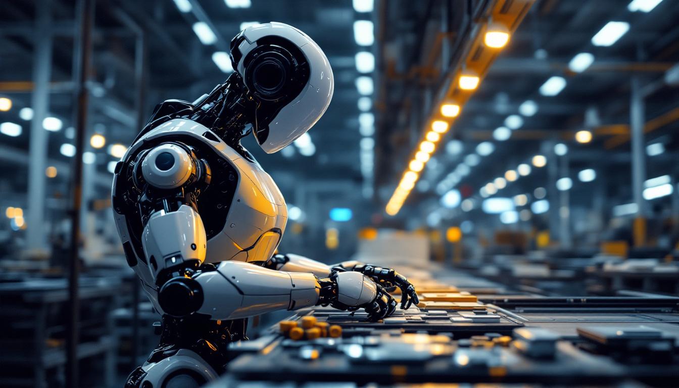 A photograph of a sleek industrial robot in action within a modern warehouse environment