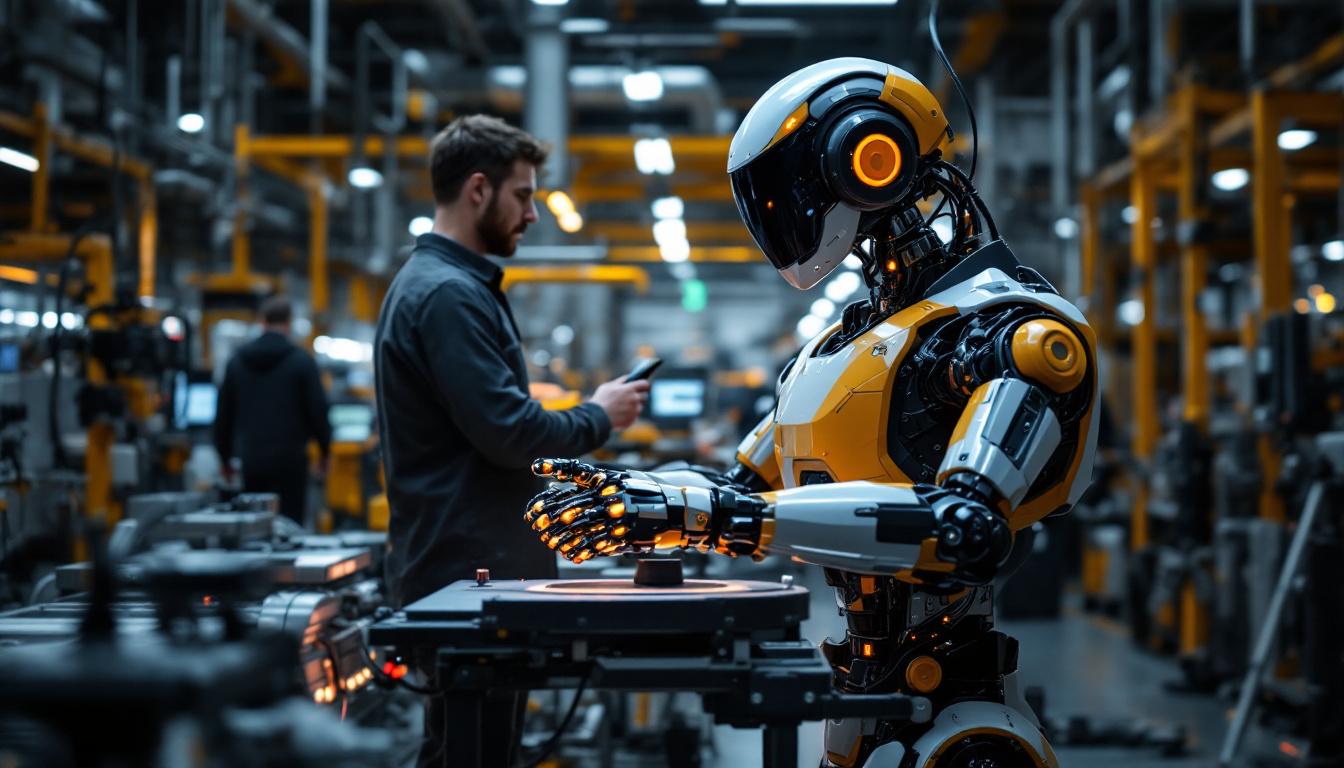 A photograph of a sleek industrial robot in action within a boston manufacturing facility