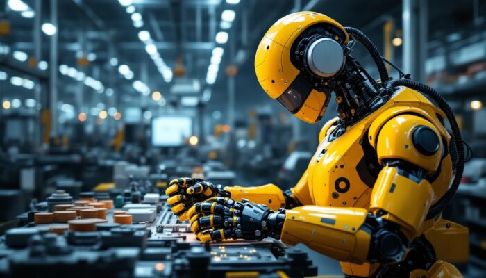 A photograph of a sleek industrial robot in action on a factory floor