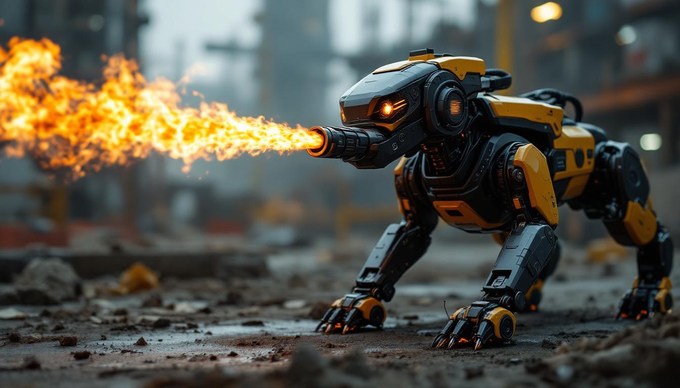 A photograph of capture a photograph of an industrial robot dog equipped with a flamethrower in an action-oriented setting