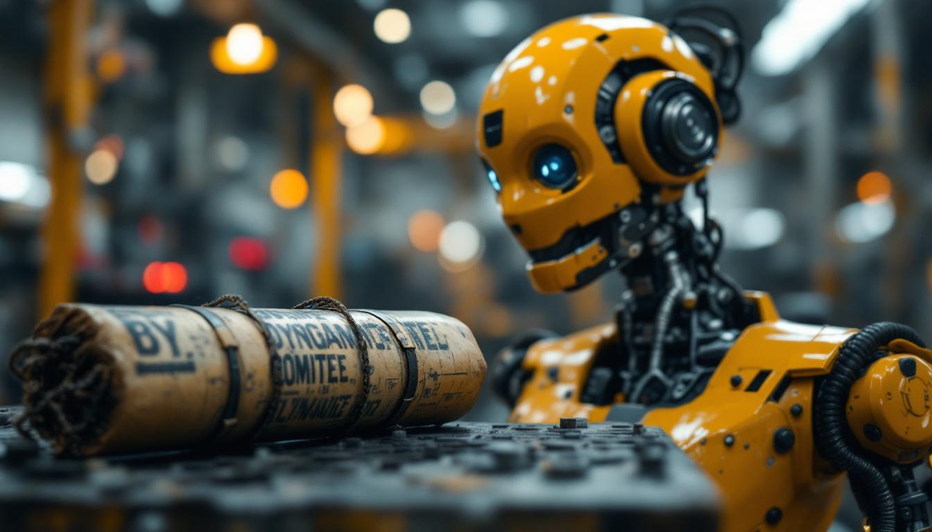 A photograph of a vintage dynamite stick alongside a modern industrial robot in a factory setting